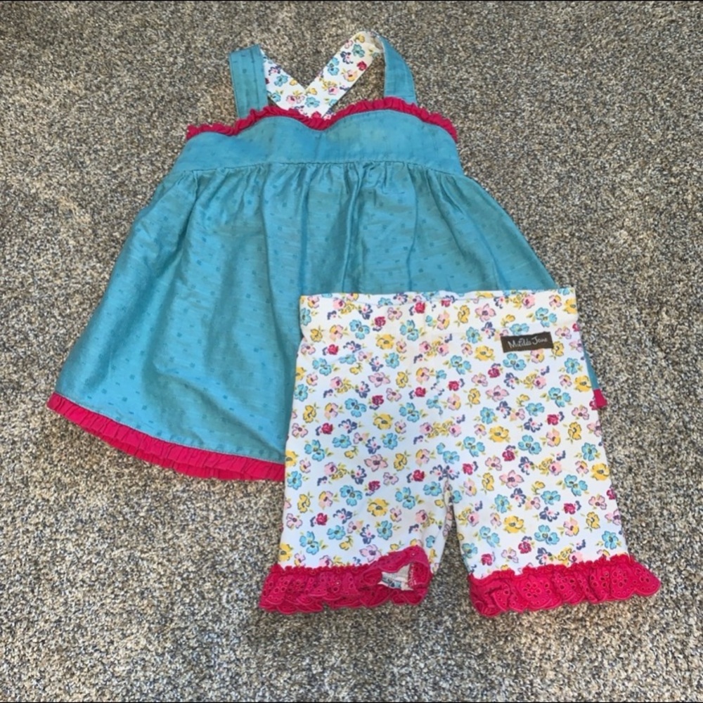 Matilda Jane Teal Dress and Floral Shorts Set with Red Accents